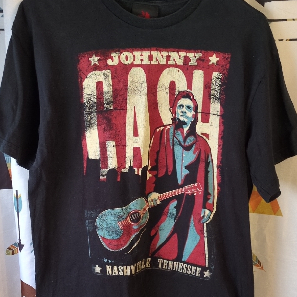 Zion Rootswear Black Graphic Johnny Cash Tee with Red and Blue Print